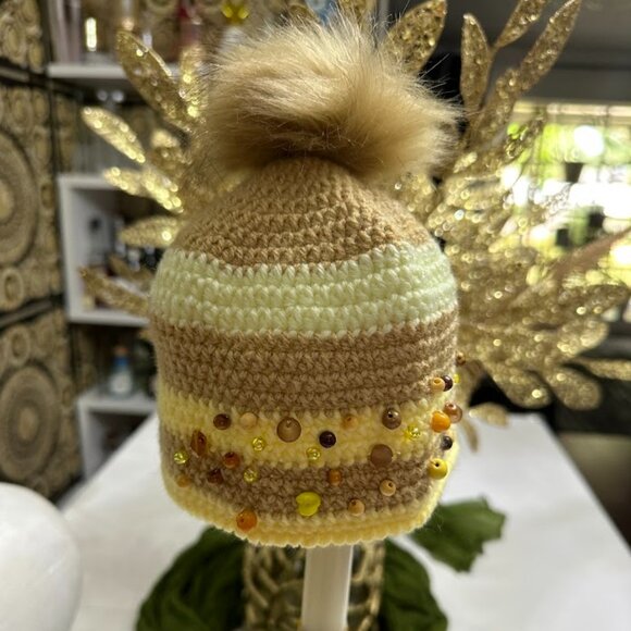 Handmade Crochet Beanie Hat With Pom Pom And Amber Bead Embellishments - Picture 1 of 6